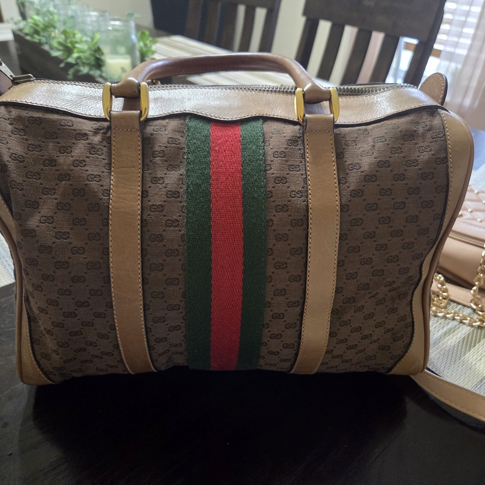 Brown Gucci Designer Boston Bag with Red and Green Stripe